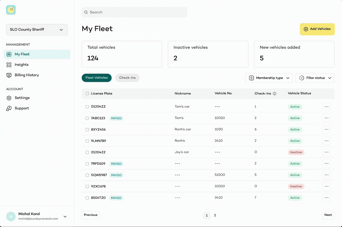 Fleets Portal vehicle check-in tab