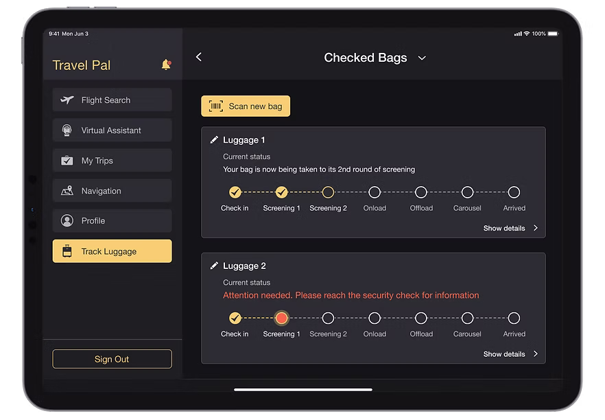 TravelPal Luggage Tracking screen