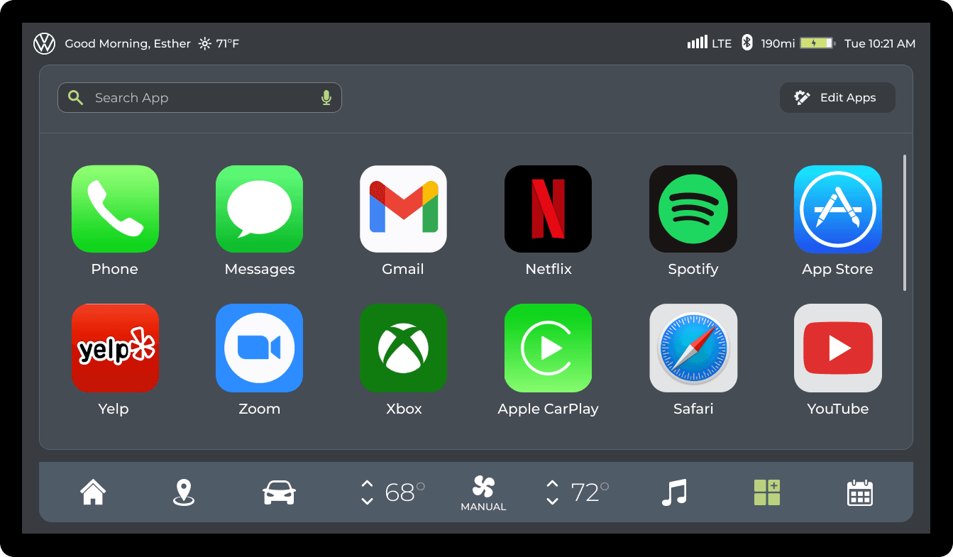 Volkswagen autonomous interface Apps screen