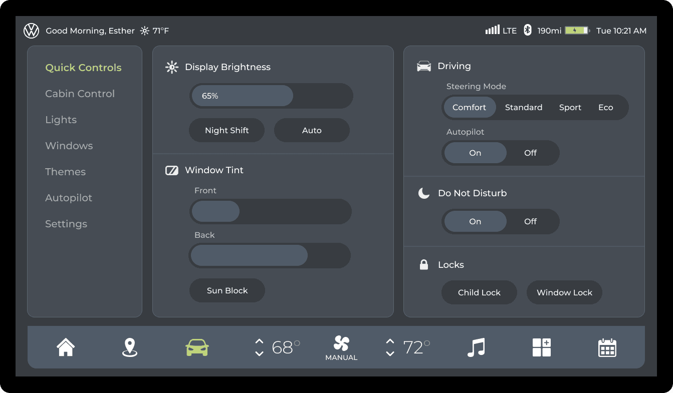 Volkswagen autonomous interface Car Controls screen
