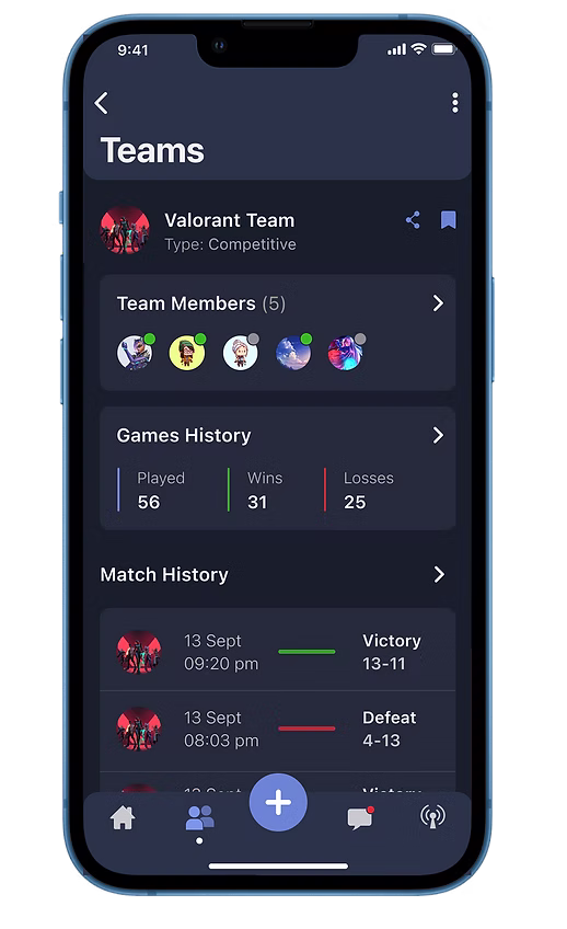 GamCom Teams & Find Players screen