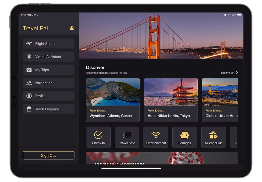 TravelPal Home Dashboard screen