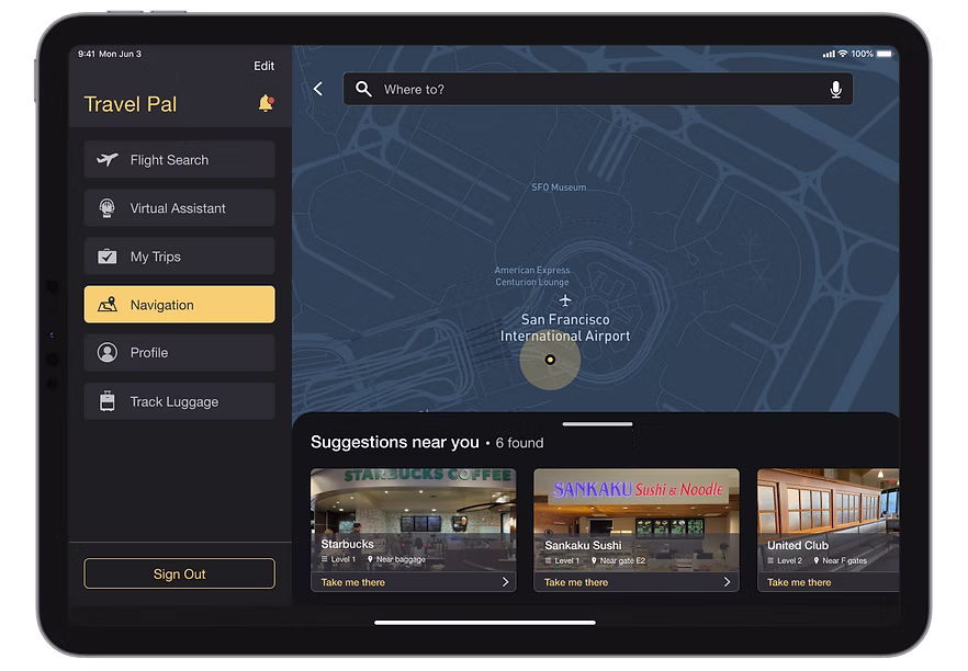 TravelPal Airport Navigation screen